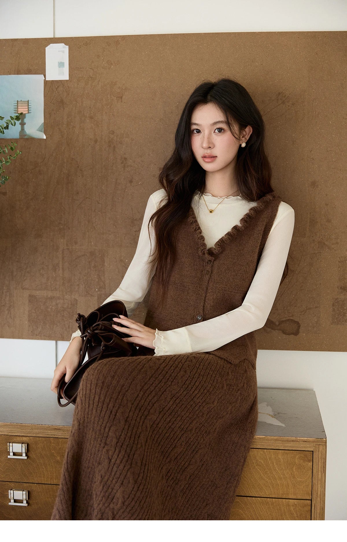 MISHOW Women's Brown Two-Piece Set 2026 Spring Knitted Vest V-Neck Cable Knit Maxi Skirt Casual Retro Warm Outfit MXF11T1460