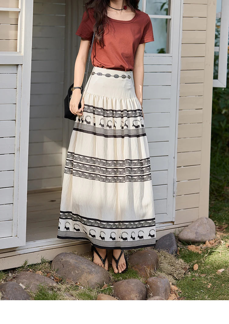 MISHOW Women's Bohemian Print Half Skirt 2025 Summer New Office Lady Fashion High Waist A-line Large Swing Skirt MXE36B0755
