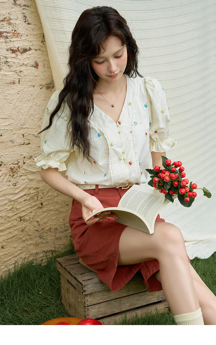 MISHOW 100% Cotton Women's Puff Short Sleeve Shirt 2025 Summer New Square Neck Blouse Embroidered Lace Patchwork Tops MXD22X1420