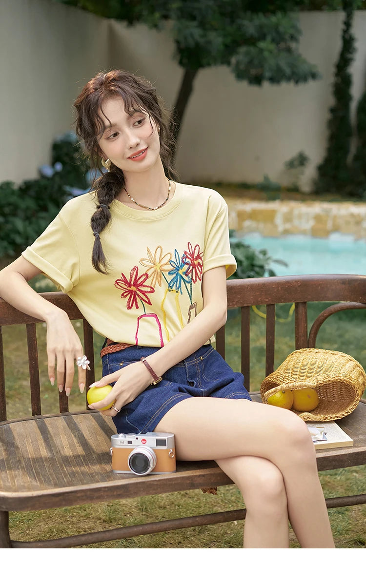 MISHOW 100 Cotton Pocket Embroidered Flower Denim Shorts for Women 2024 Summer Dark Blue Loose Casual Wide Leg Pants MXD26K0707