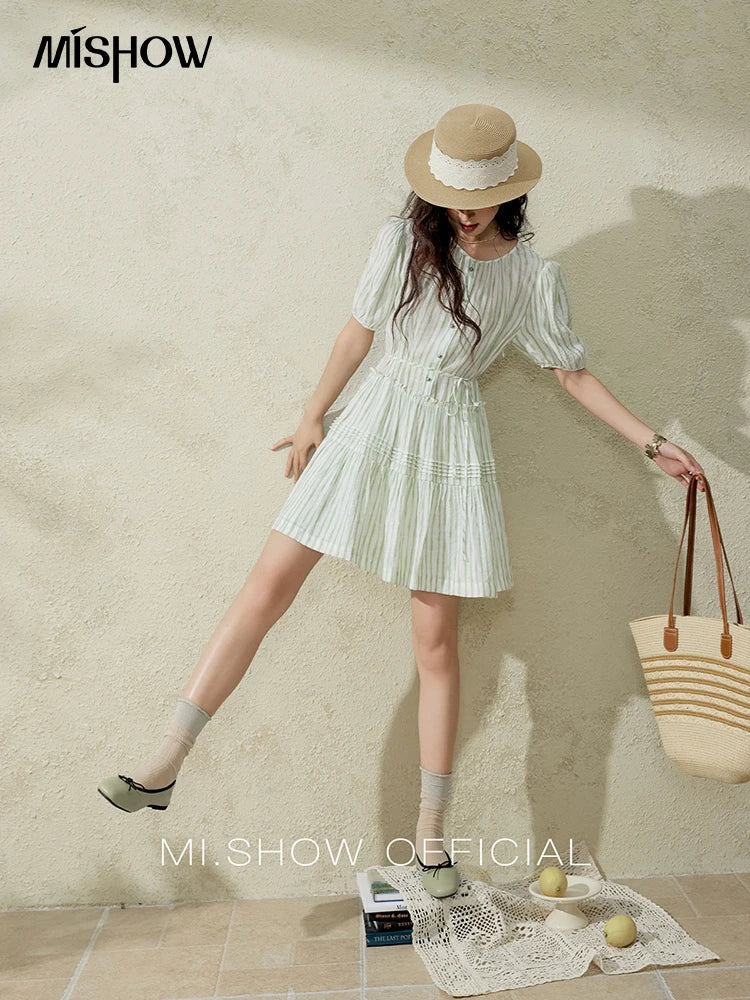 MISHOW French Green Striped Dress Women Summer 2025 Short Puff Sleeve Round Neck New Mid-length Dresses Woman Fashion MXE15L2141