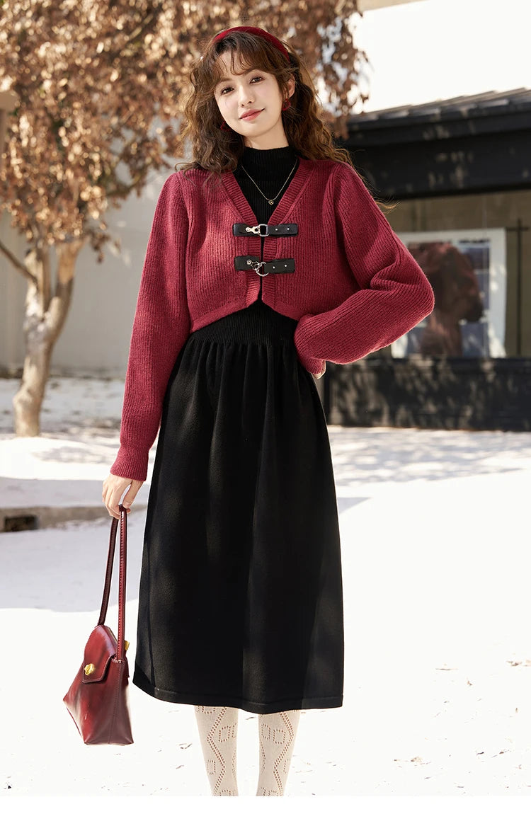 MISHOW Knitted Dress Solid Cardigan Separately Women Winter V Neck Sweater Midi A-line High Waist Dress Short Tops MXC59L1646
