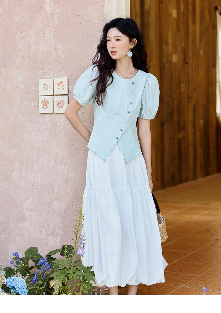 MISHOW Bubble Sleeves  Blouses for Women Summer 2025 Irregular Placket Tops Rainbow Button Solid Blouse Office Lady MXE34X1782