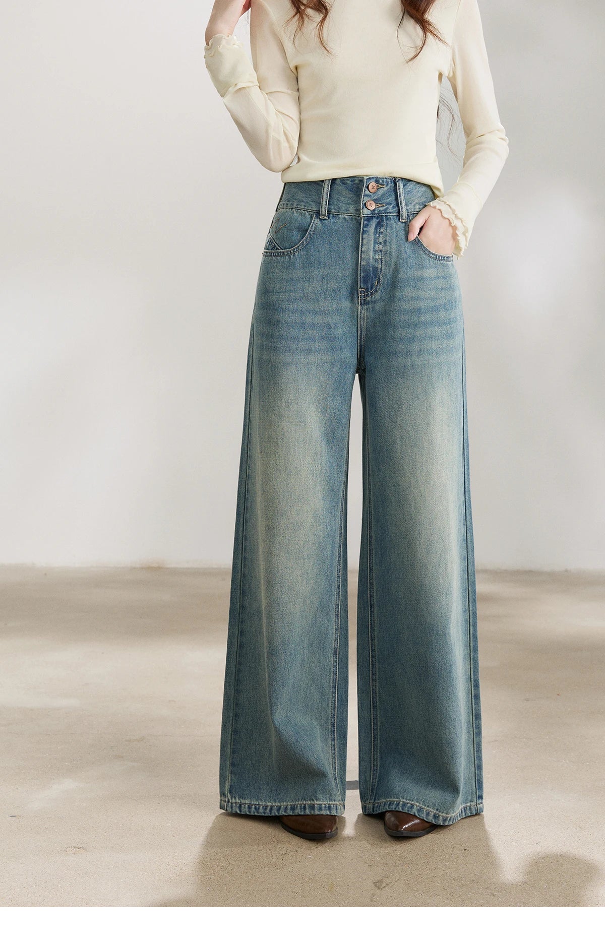 MISHOW Women's Vintage Blue Wide Leg Jeans Spring High Waist Cotton Pants Two-button Loose Casual Denim Trousers MXF108K1005