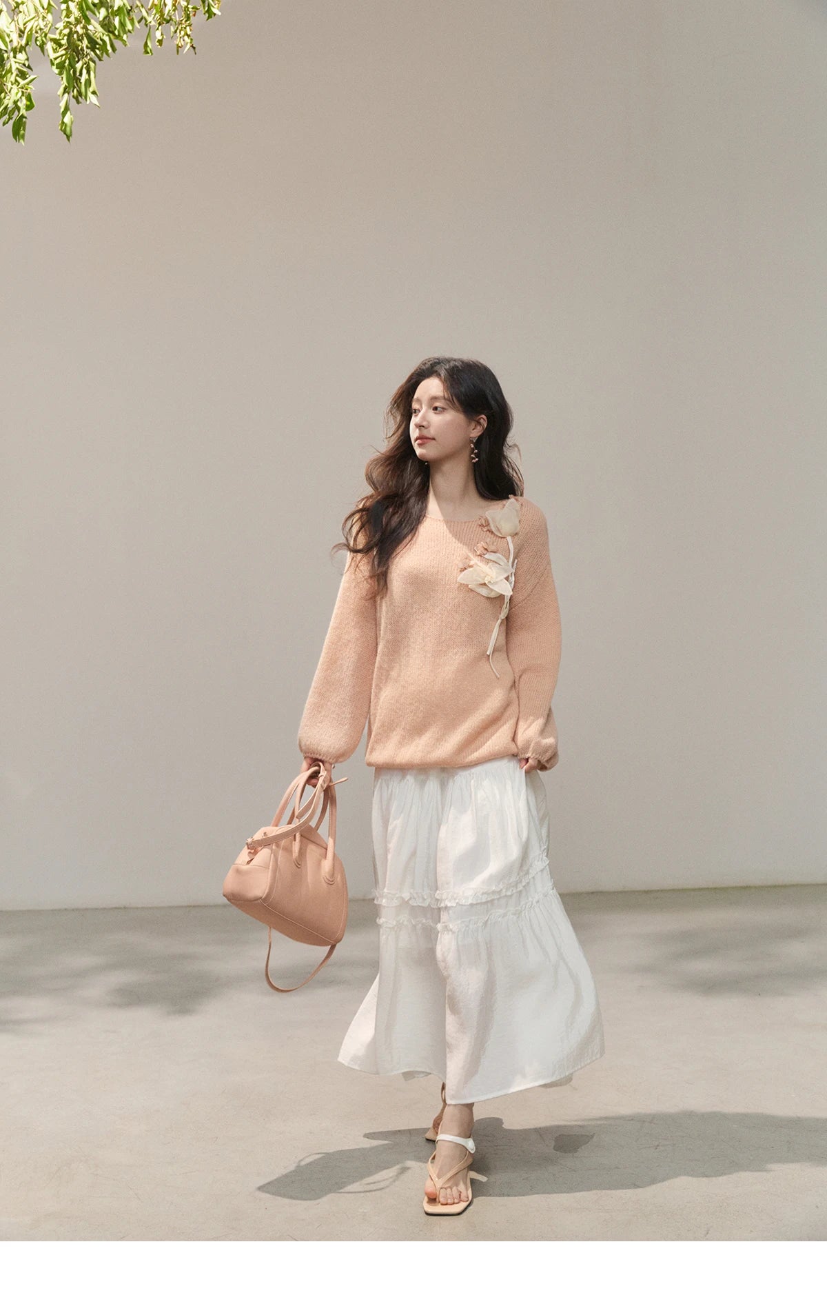 MISHOW 3D Floral Applique Crew Neck Knit Thin Sweater 2026 Spring Loose Casual Elegant Top Soft Pinkish Beige Sweater MXE47Z2649