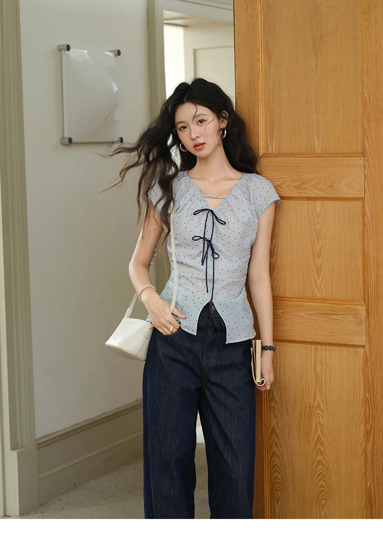 MISHOW Women's Elegant Blouses 2025 Summer Ladies V-Neck Bow Spliced Polka Dot Garment Sleeves Top Female Clothing MXE37X1909