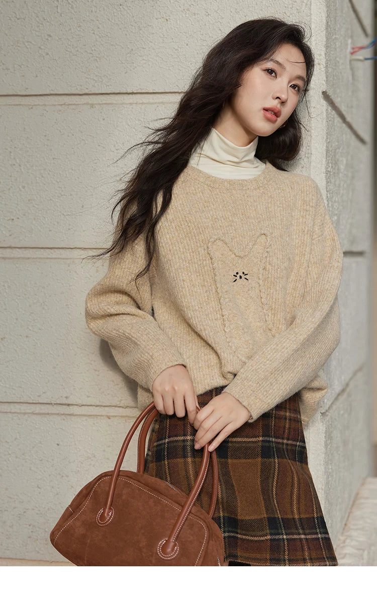 MISHOW Gentle Sweet Sweater Women's 2024 Autumn Winter Cute Emboridery Cartoon Dropped Sleeves Pullovers Sweater Tops MXD54Z0953
