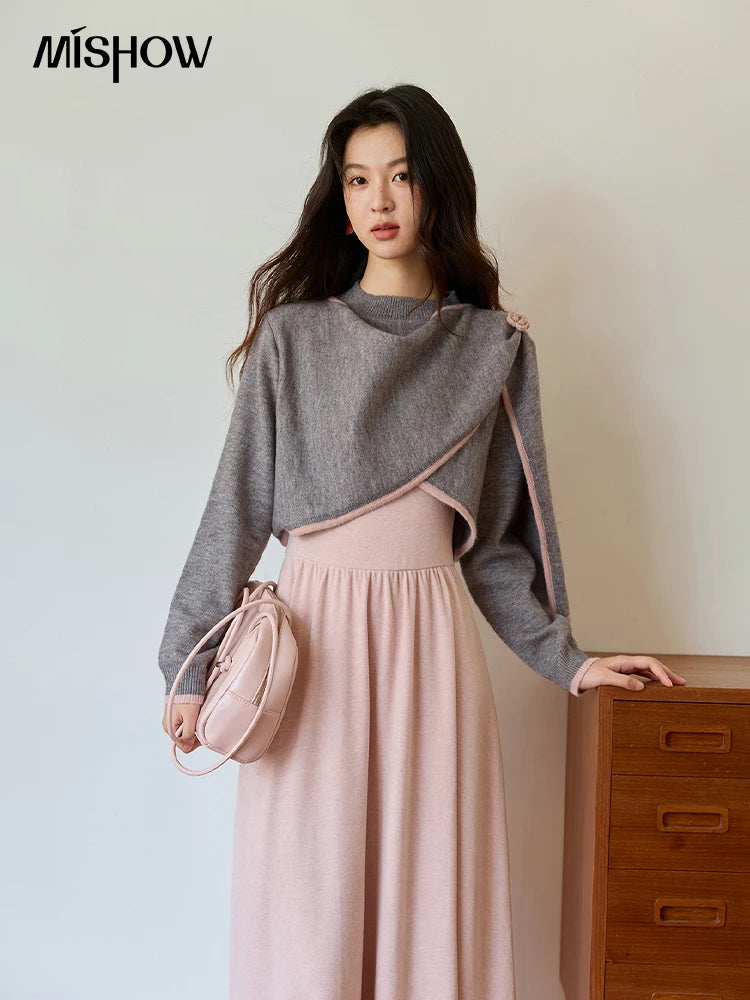 MISHOW  Women's Knitted Suit 2025 Autumn Sweet Style Irregular Round Neck Top Pink Suspender Dress Slim Two-piece SuitMXE49T1397