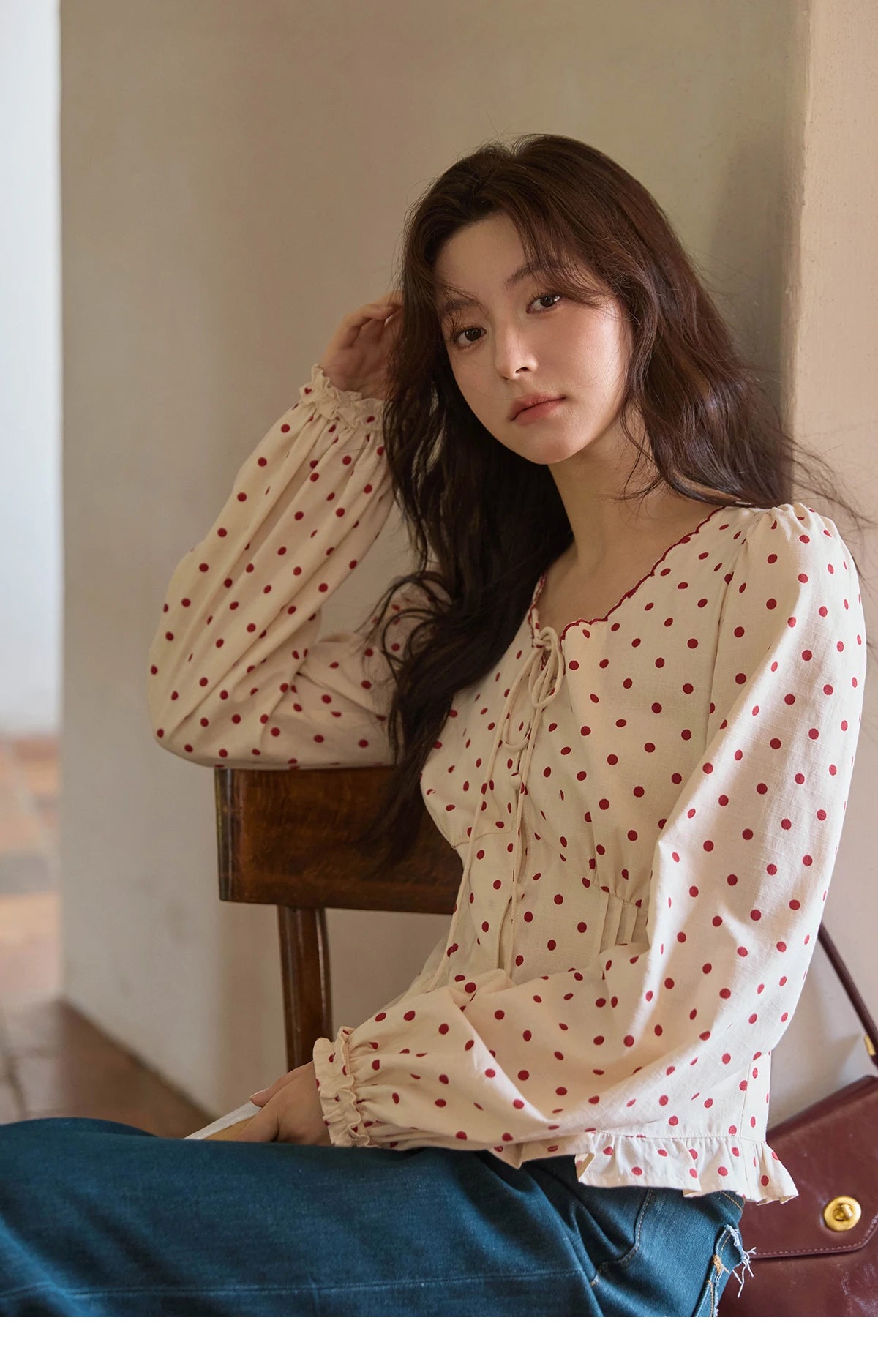 MISHOW Apricot Bottom Red Polka Dot Shirt for Women Autumn 2025 Korean Ruffled Edges Shirts V-neck Lace-up Sweet Top MXE42X1971