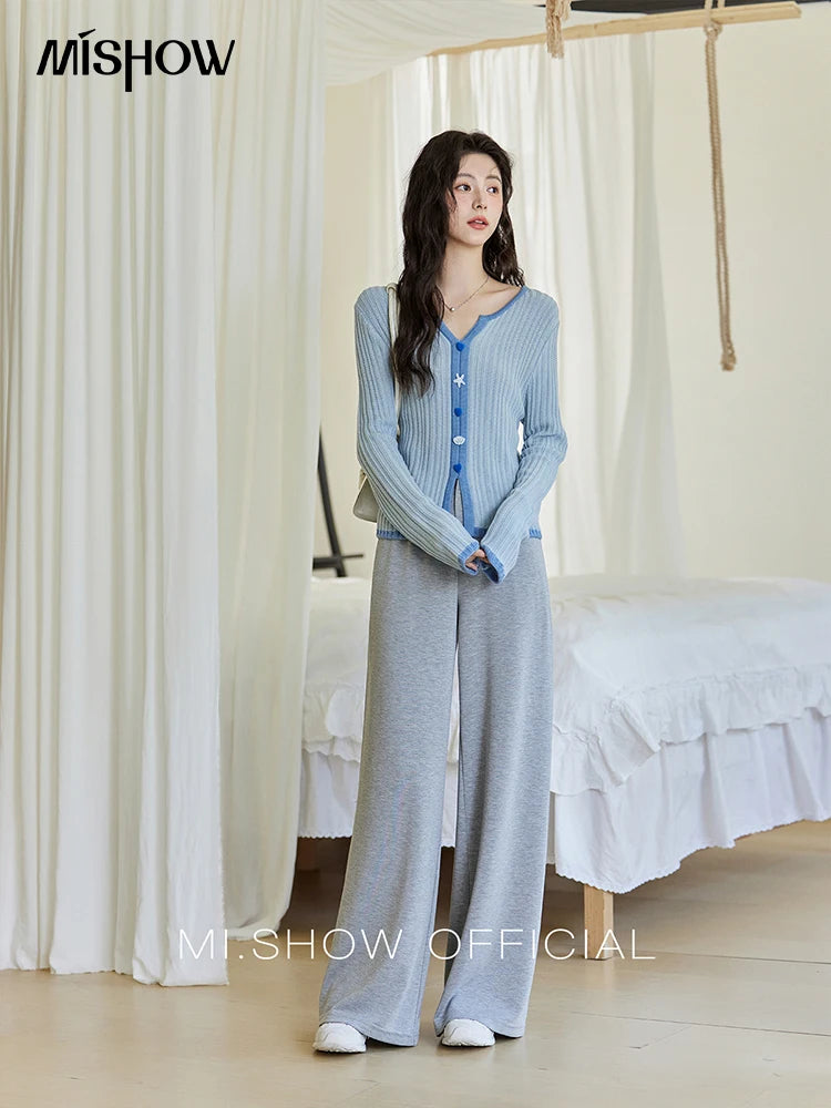 MISHOW Wool Blend Blue Contrasting Knitted Top 2025 Spring Slim Fit Base Sweater Women V Neck Shell Button Sweet Tops MXE14Z1184