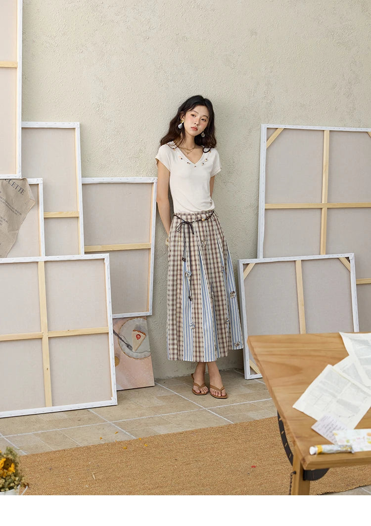 MISHOW Retro Plaid Patchwork Pleats Skirt Summer 2025 Versatile Flowers Slim Skirt A-LINE Skirts Excluding Waist Belt MXE35B0726