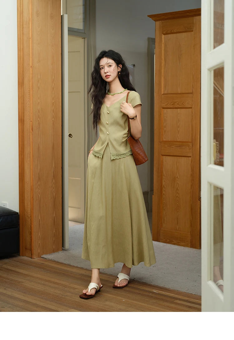 MISHOW Two-Piece Ladies Set 2025 Summer New Fashion V-neck Button Lace Hollow Out Spliced Top Pocket A-line Skirt Set MXE39T0665