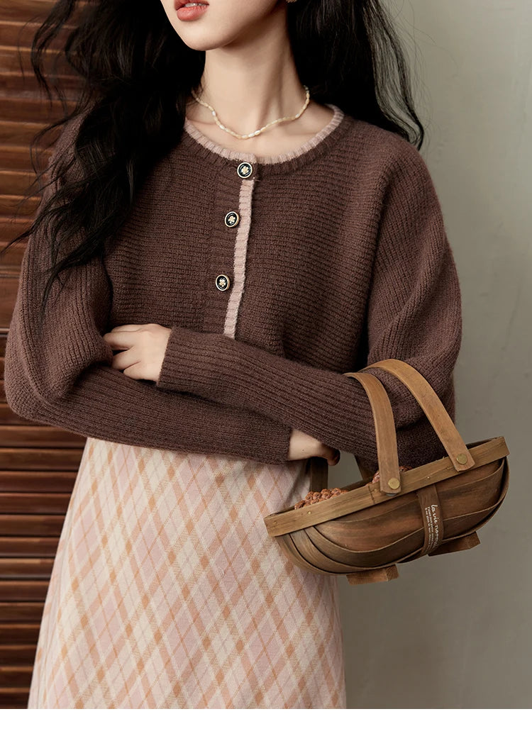 MISHOW French Vintage Dress O Neck Knitted Cardigan Separately Women Sweet Knitted Short Sweater Plaid Camisole Dress MXD43L2012