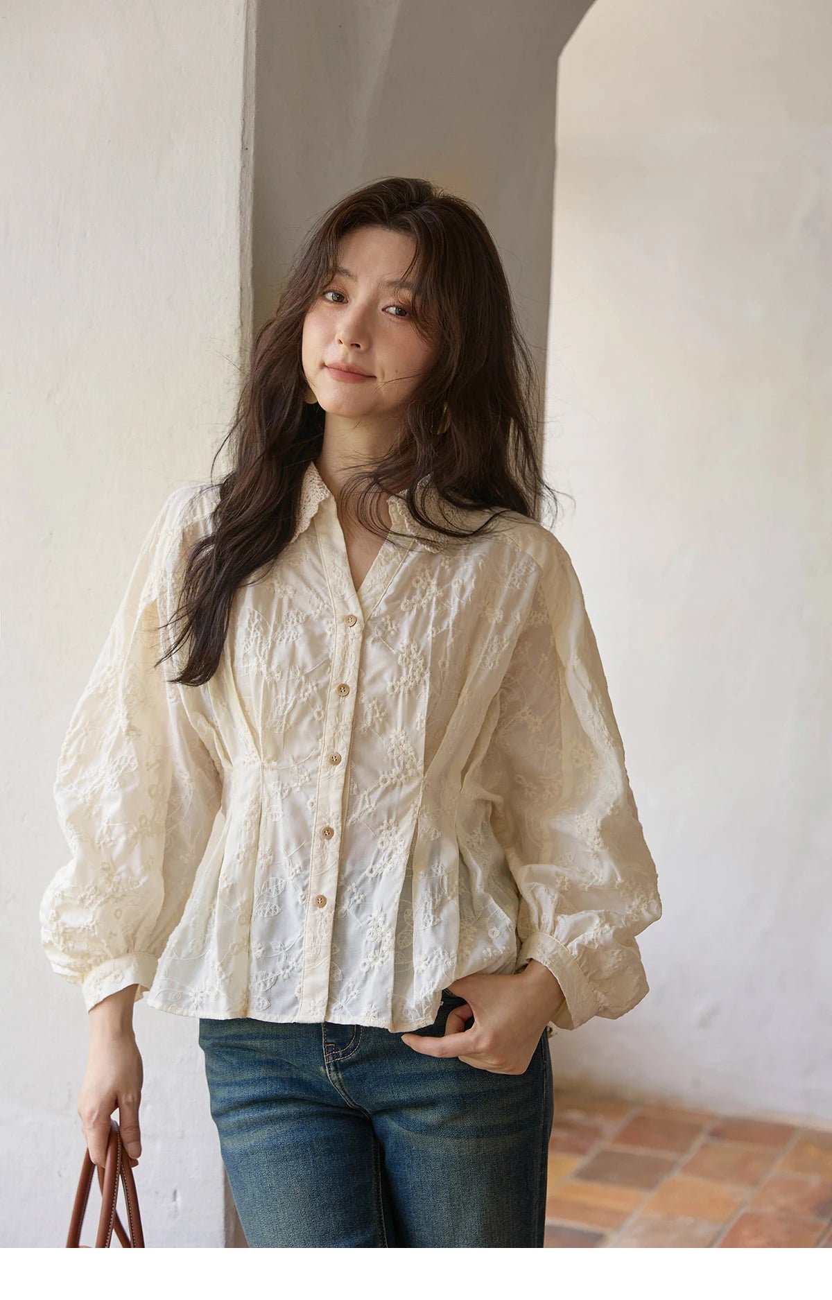 MISHOW Women's Lantern Sleeve Blouse 2025 Autumn French Lace Hollow Out Lapel Collar Shirts Waist Hem Ruffle Tops MXE42C2372