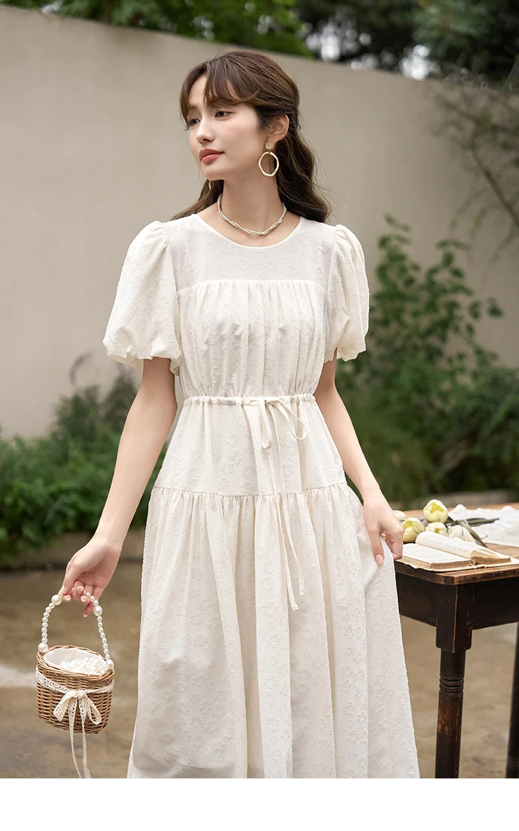 MISHOW French Draw String Waist Dress 2023 Summer Short Sleeve A-LINE Puff Sleeve O-Neck Pullover Elegant Solid Dress MXC38L1415