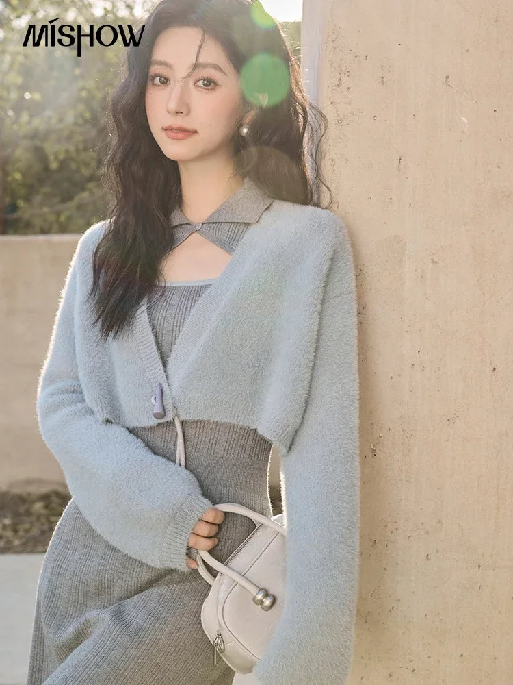 MISHOW Women’s Sweater Top Dress Separately 2024 Fall Winter Fashion Imitation Mink Fur Sweet Coat Knitted Dress MXD45L2043