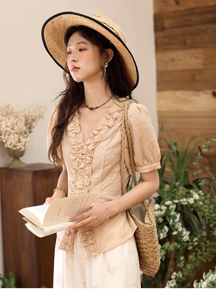 MISHOW V-Neck Blouse Puff Sleeve Fungus Edge Slim MXE35X1841