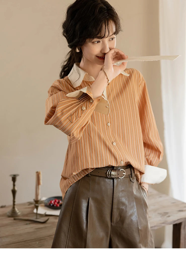MISHOW Loose Striped Shirt for Women Autumn 2025 Contrasting Lapel Top Single Breasted Patchwork Shirts Office Lady MXD41C0286