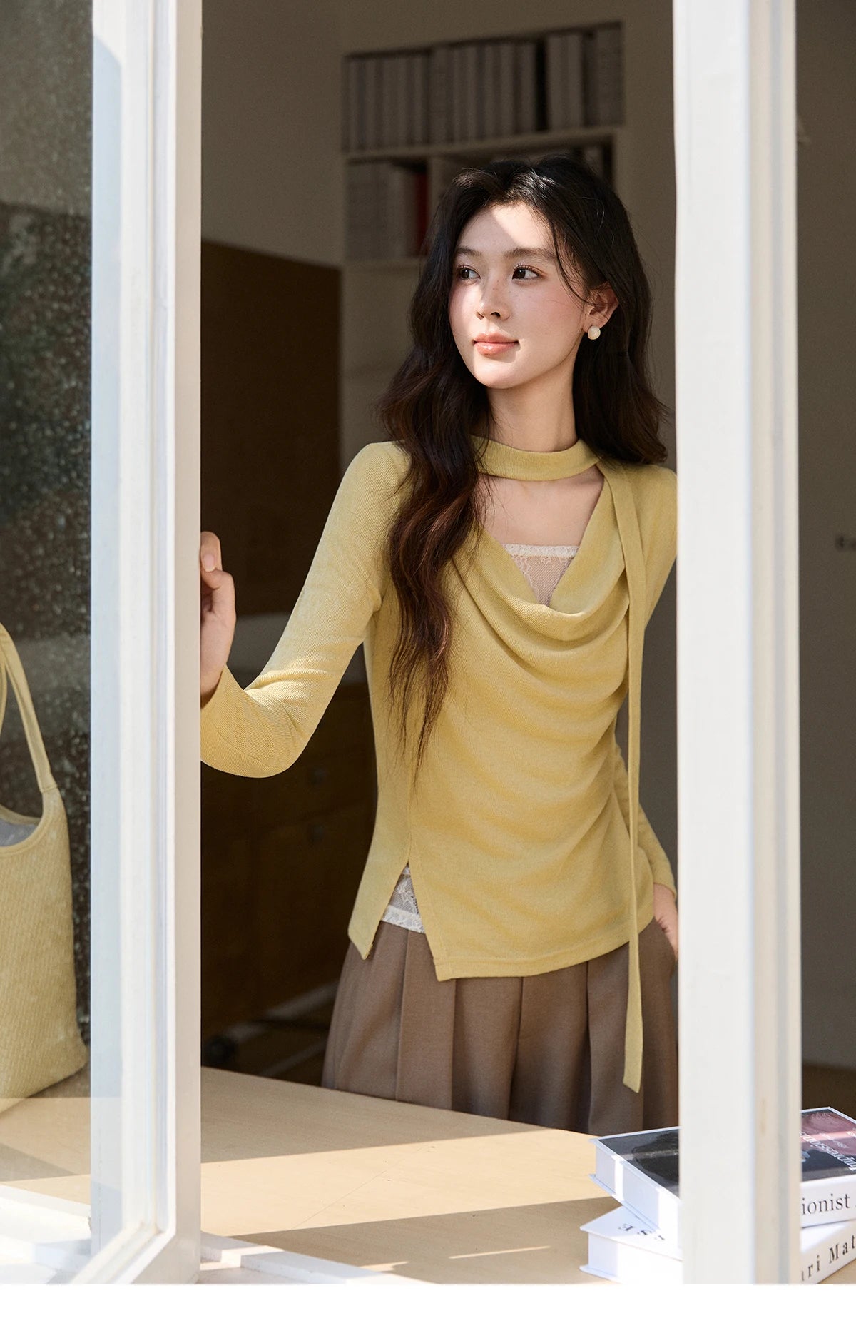 MISHOW Women's Yellow Splicing Lace Long Sleeve Knitted Top Spring Ribbon Draped Collar Casual Slim Thin Sweater MXF108Z1030