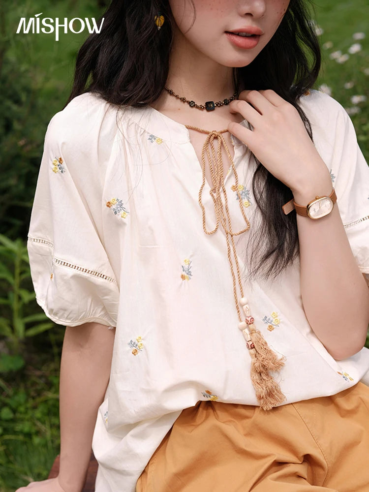 MISHOW Women Two-Piece Set 2025 Summer Puff Sleeve Lace Up Top Hollow Lace Spliced Elastic Waist Shorts Ladies Set MXE38T0684