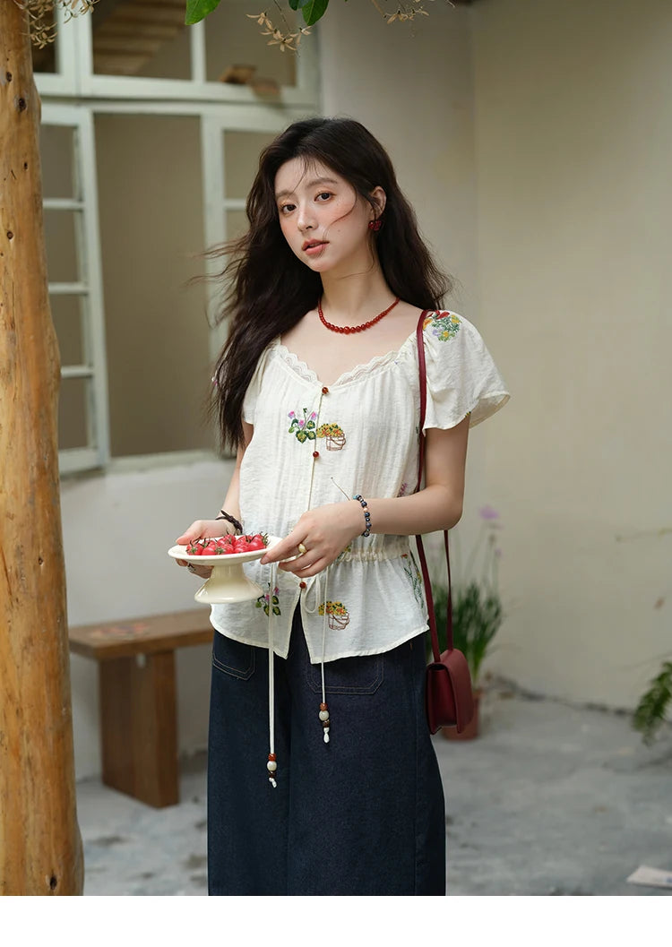 MISHOW Women's Fashion Flower Embroidery Blouse Summer 2025 Square Neck Lace Drawstring Short Top Ladies Clothing MXE37X1895