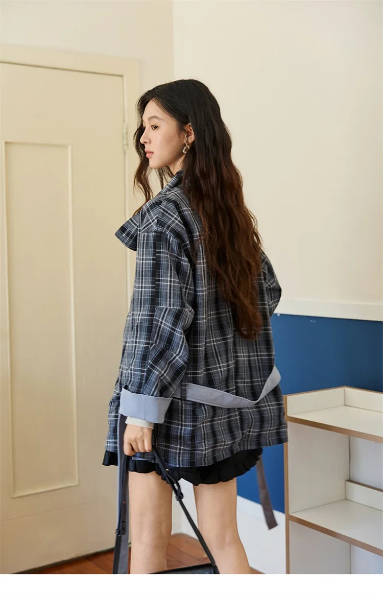 MISHOW Two Sided Outerwear Trench for Women Autumn Winter 2025 Blue Plaid Patchwork Diagonal Placket Belt Trench MXE48W0871