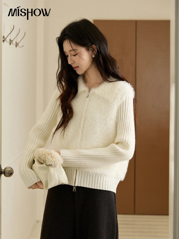 MISHOW Women's White Faux Fur Knit Cardigan 2025 Autumn Winter Fake Two-Piece Zipper Lapel Collar Warm Soft Outerwear MXE94Z2992
