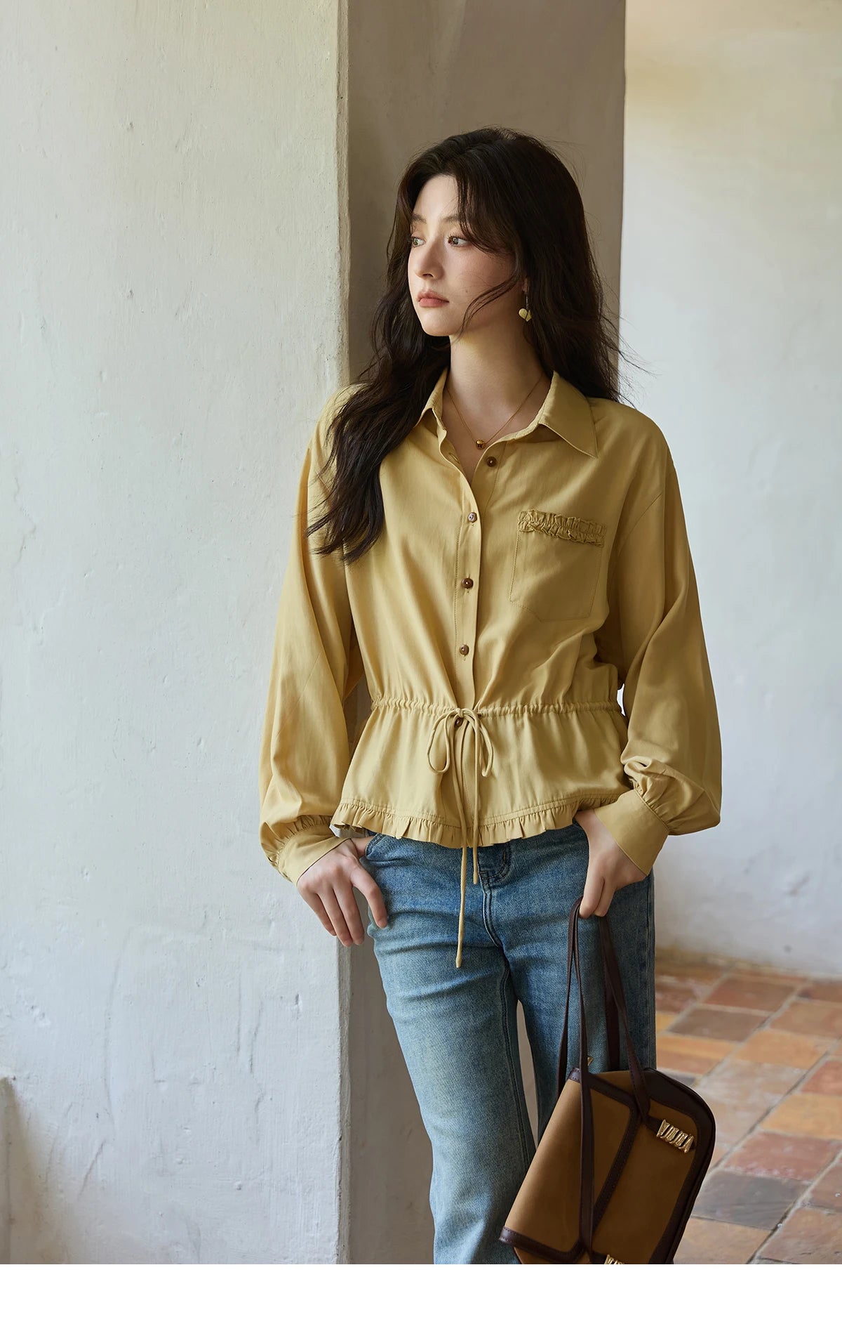 MISHOW Autumn French Drawstring Waist Shirt 2025 Yellow Hem Lotus Leaf Top Female Lapel Lantern Sleeve Commuter Shirt MXE42C2368