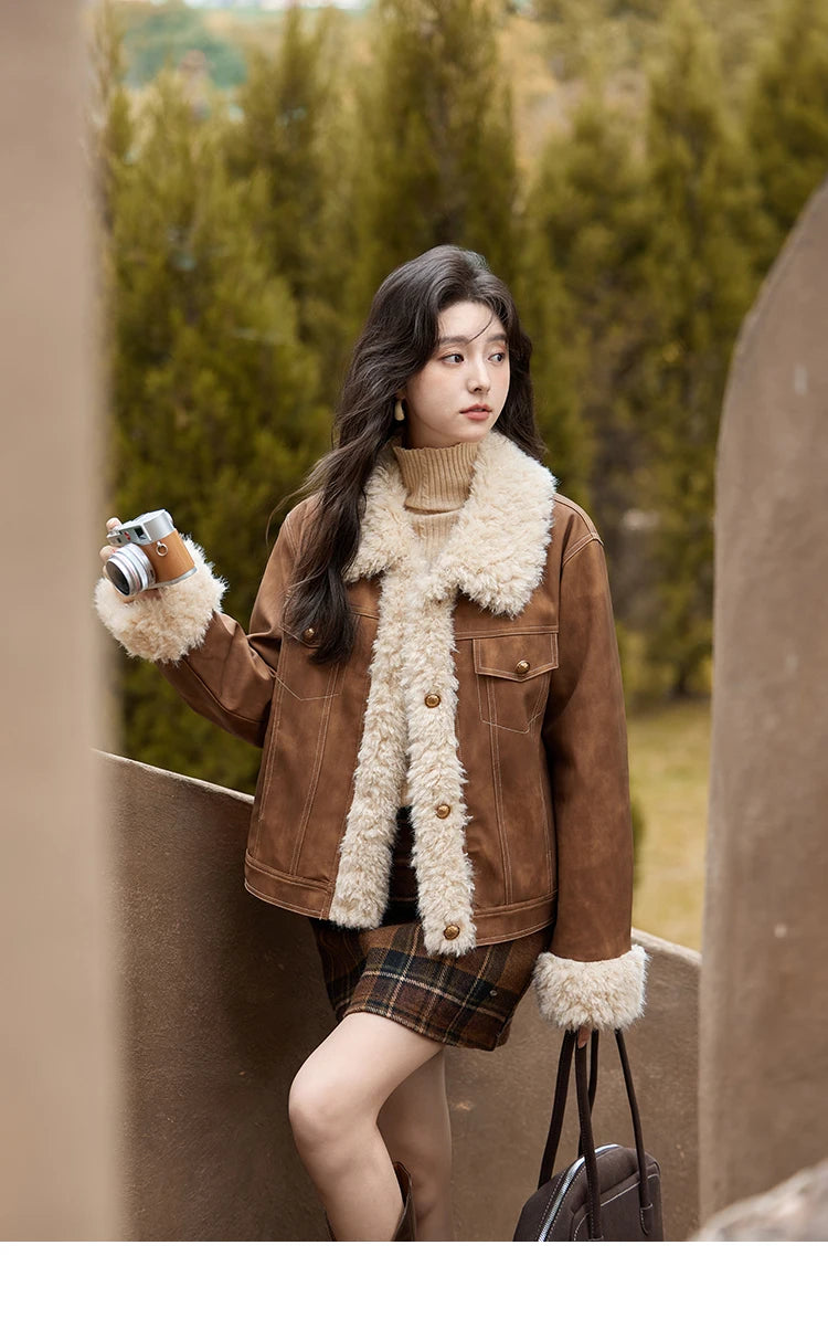 MISHOW Leather Fur Jacket Women Lamb Wool 2024 Winter Women Coat Fashion Soft Cotton Clip Thickened Spliced Jacket MXD56W0538