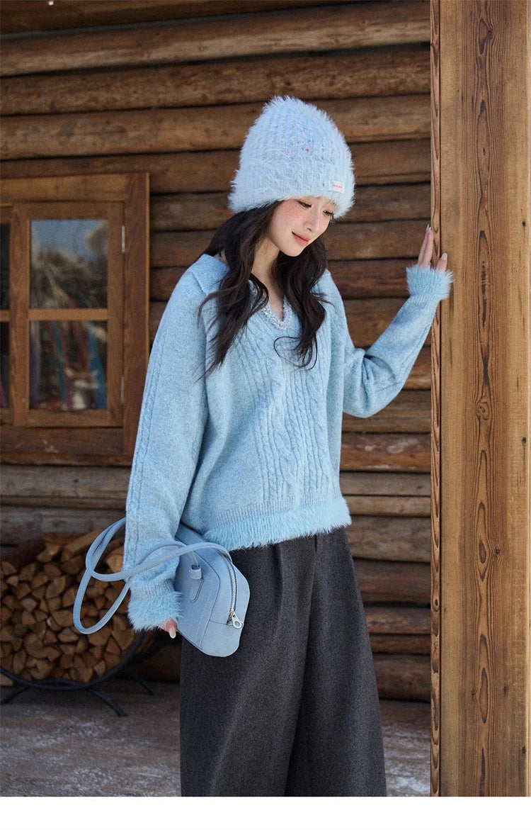 MISHOW Luxury Women's Sweaters 2025 Winter Blue Polo Collar Cable Knit Faux Mink Pullovers Loose Commute Tops Lady MXE88Z2756