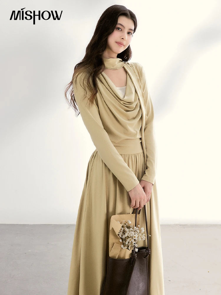 Mishow Khaki Swinging Collar Scarf Waist Dress MXF11L2552