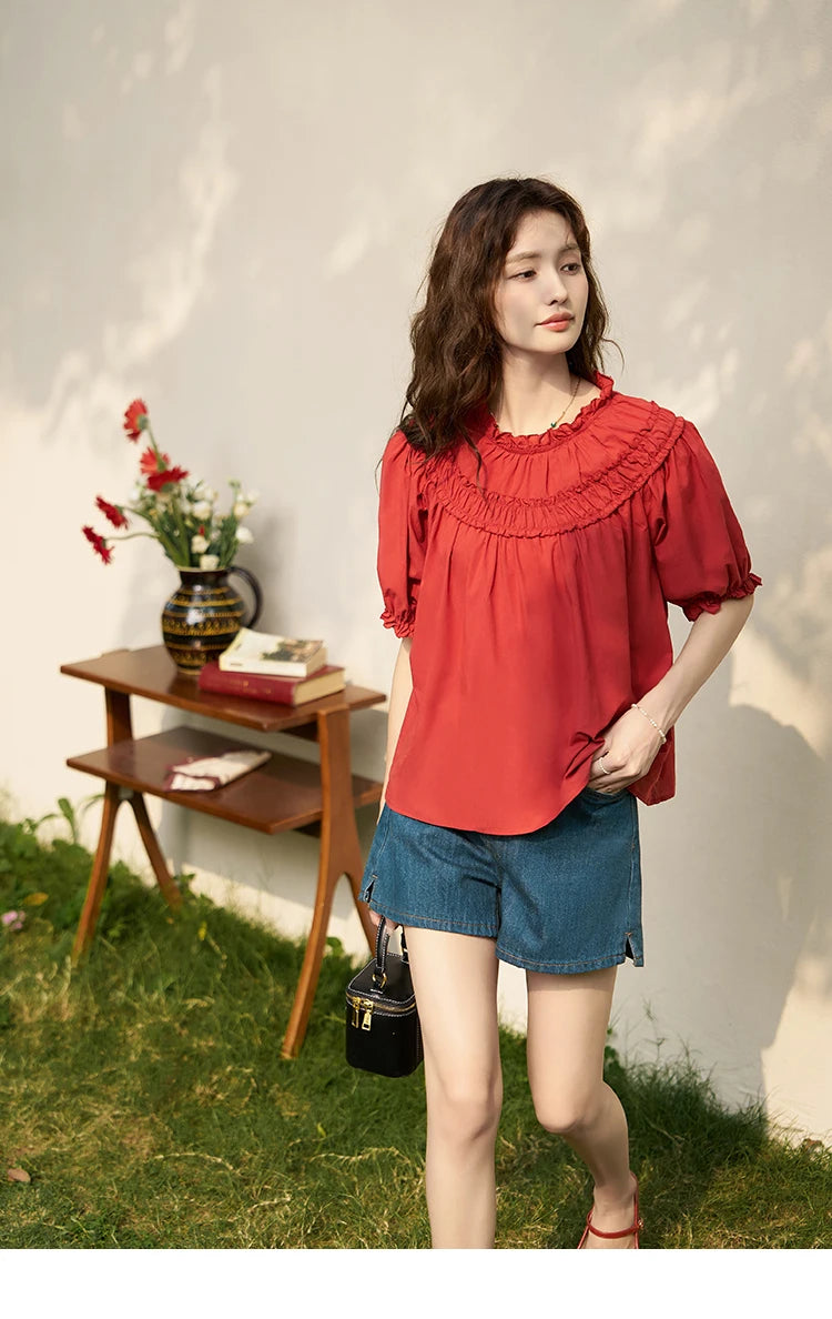 MISHOW French Cotton Bubble Sleeve Blouse Lace Collar MXD23X1500
