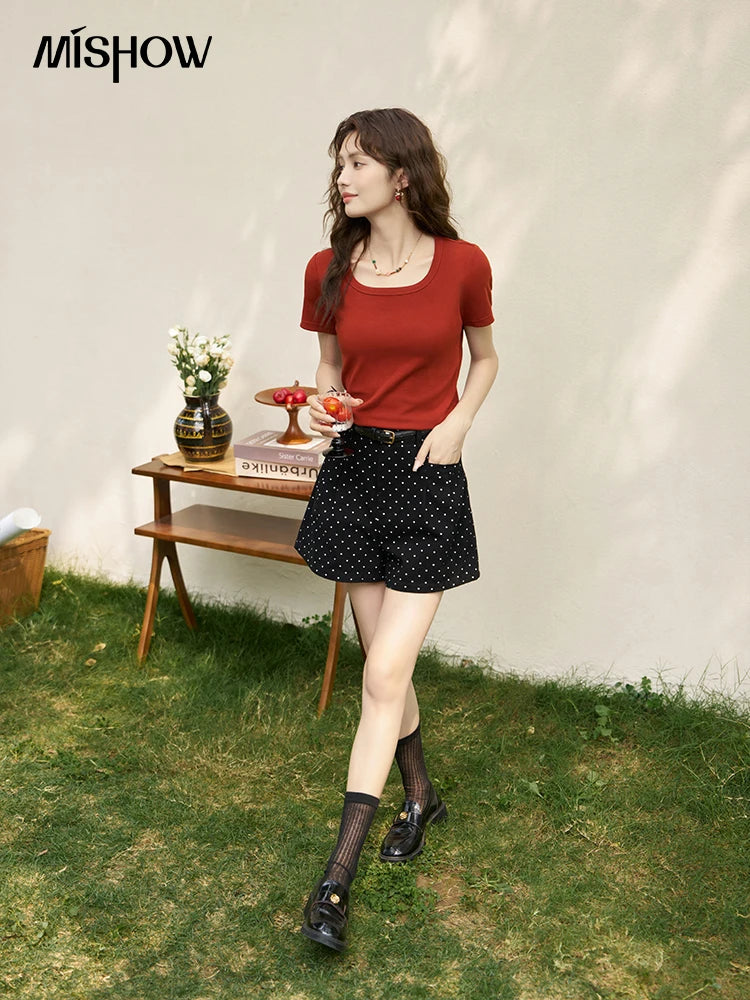 MISHOW Multi Color Square Neck Tees Short Sleeve Solid Color T-shirt for Women 2024 Spring/summer Basic Versatile Top MXC12T0641