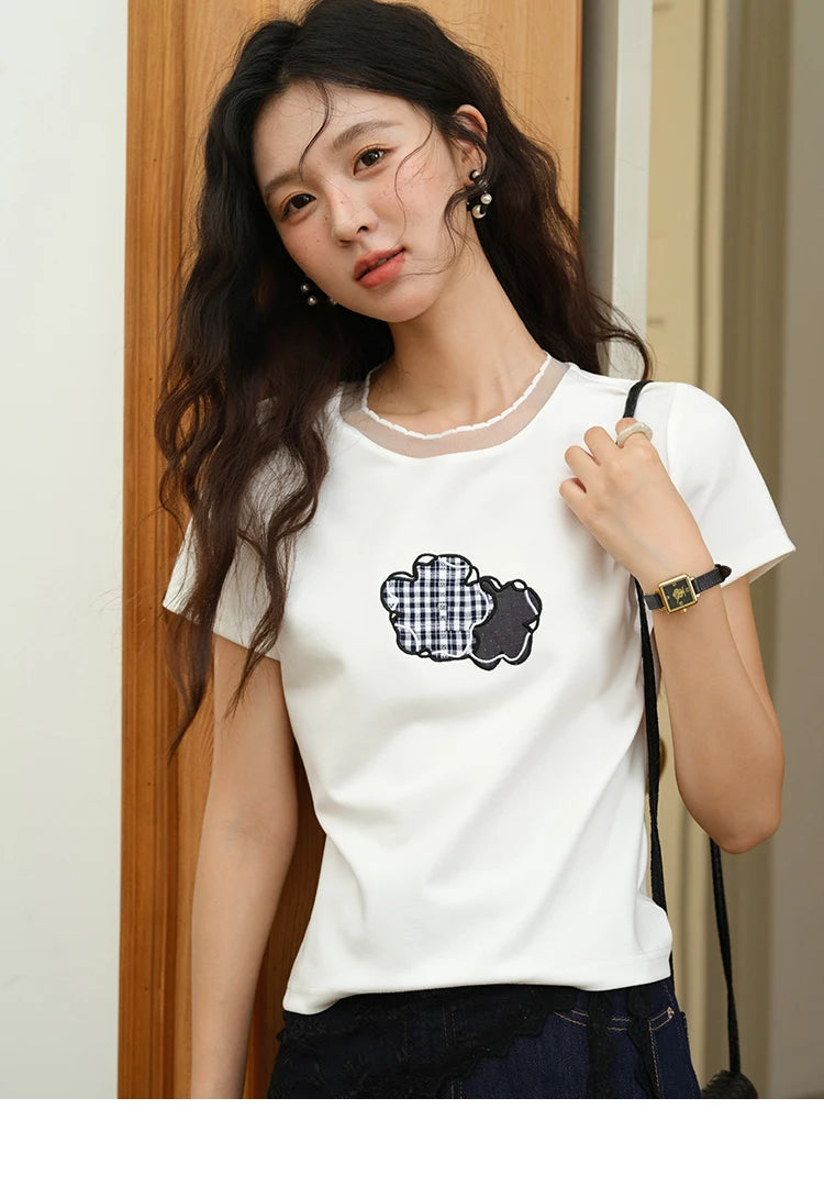 MISHOW Lace Edge Splicing Short Sleeve T-shirt for Women 2025 Summer Female Round Neck Simple Top Women's Clothing MXE38T0630