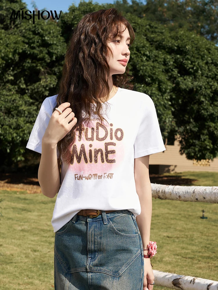 MISHOW Letter Print Short Sleeve T-shirt for Women 2024 Spring Summer New Loose Casual Tshirt Woman Crew Neck Tee Top MXD13T0164