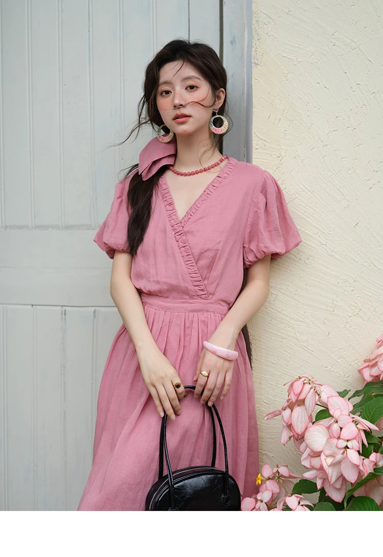 MISHOW Summer Fashion V-neck Dress Woman 2025 New Puff Sleeve Sashes Elegant Pocket Vacation Dresses Ladies Clothing MXE39L2381