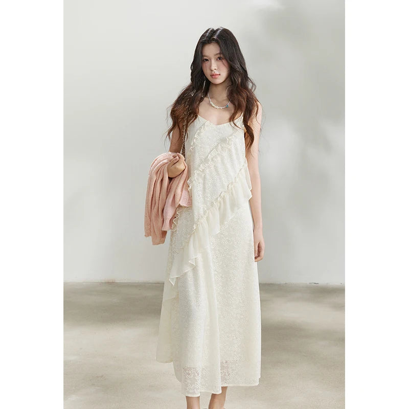 MISHOW Women's Cream Irregular Lace Slip Dress 2026 Spring V-Neck Ruffled Maxi Dresses Casual A-line Romantic Dress MXF108L1005