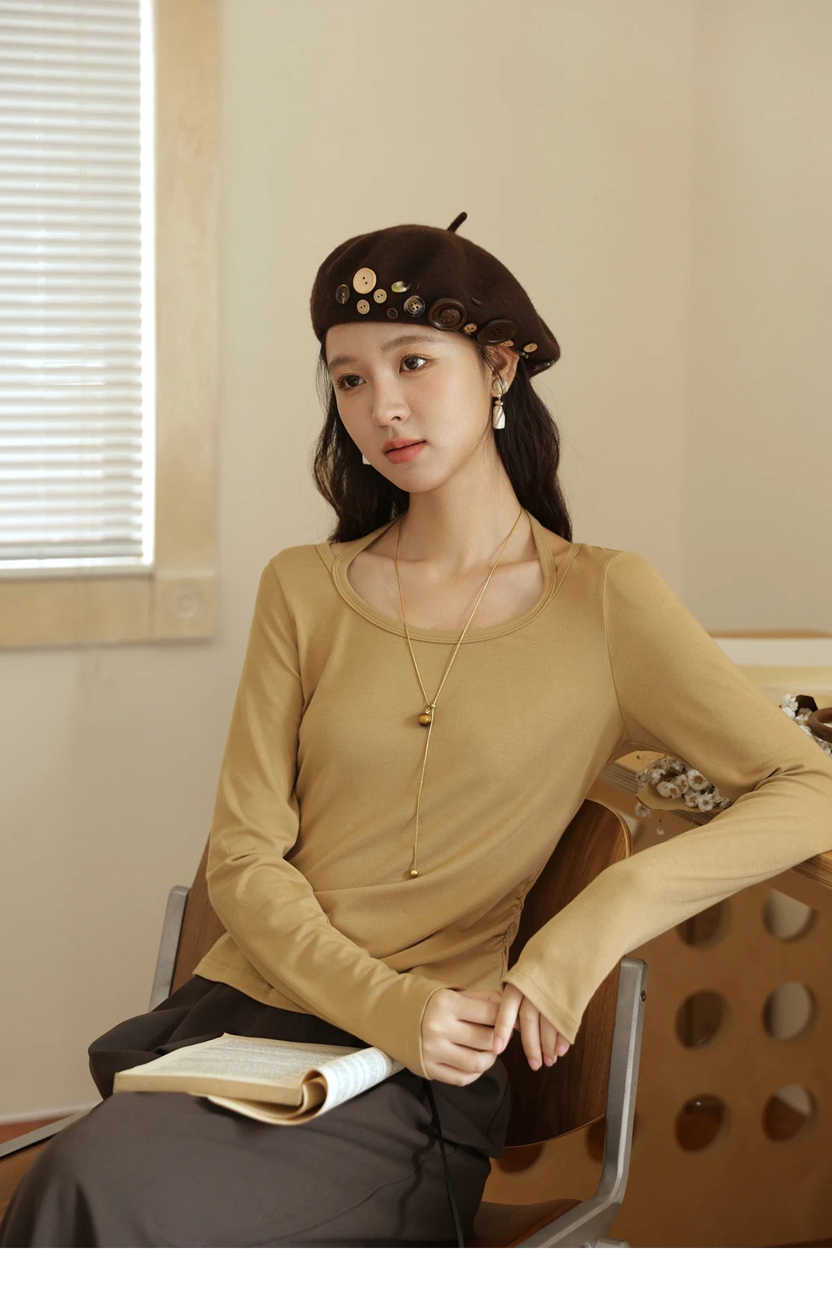 MISHOW Elastic Knitted T-shirts for Women Autumn 2025 Hanging Neck Strap Tees Pleated Waist Slim Long Sleeved Top MXE42T0720