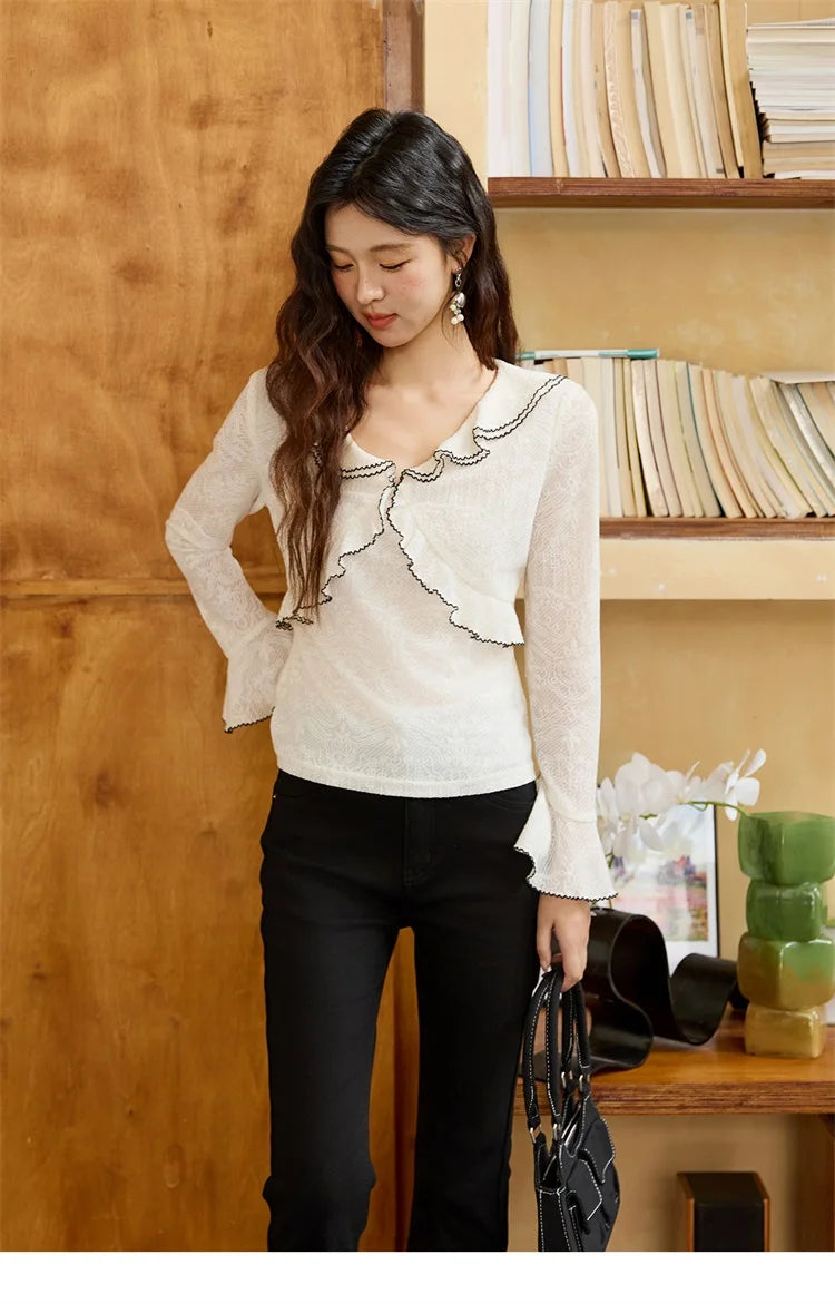 MISHOW Lace Blouse for Women Autumn 2025 V-neck Ruffle Edge Contrasting Embroidery Loose Top Flare Sleeve Blouses MXE45X2483