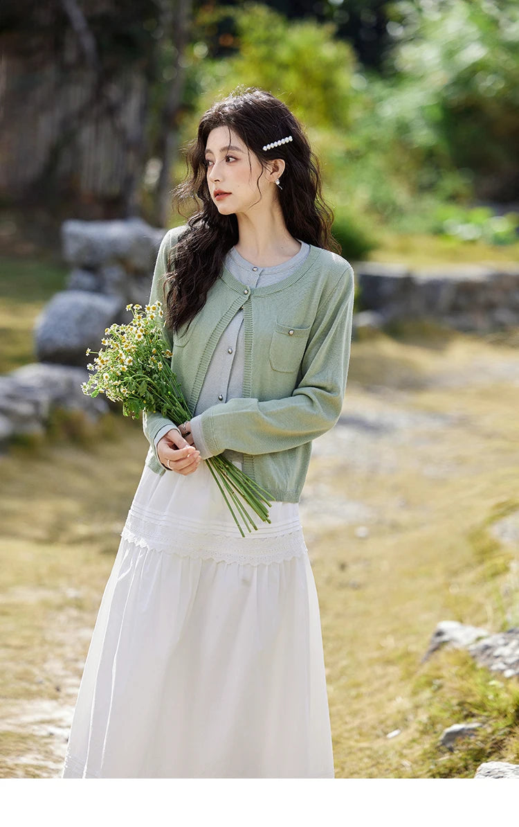 MISHOW Wool Knitted Cardigan Fake Two-piece Contrasting 2025 Spring Women Slim Fit Top O Neck Patch Pocket Sweaters MXE12Z1144