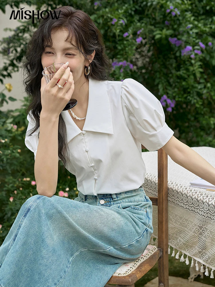 MISHOW Bubble Sleeve V-neck Commuting Shirts for Women 2025 Summer Retro Lapel Neck Short Sleeve Loose Solid Tops MXD28X1471