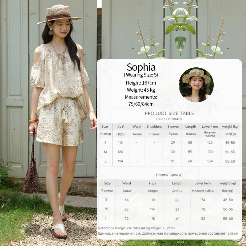 MISHOW Women's Two Piece Set 2025 Summer New Casual Bohemian Print Top Beaded Tassel Drawstring Pocket Shorts Set MXE39T0723