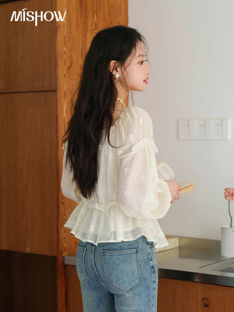 MISHOW Women's Fashion Cashew Flower Embroidered Blouse 2025 Autumn V-neck Lace Up Puff Sleeve Ladies Elegant Top MXE41X1945