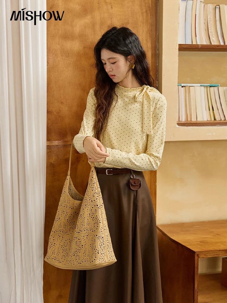 MISHOW Elegant Woman Pullovers 2025 Autumn Sweet Retro Yellow Polka Dot Knitted Top Lace Up Collar Slim Fit Tops MXE45Z1379