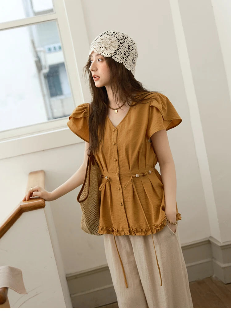 MISHOW Women's Petal Sleeve Slim Shirt 2025 Summer New V-neck Button Bead belt Black Fungus Edge Top Ladies Clothing MXE39X1881