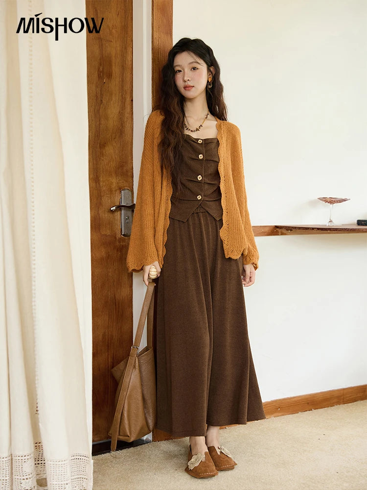 MISHOW Pumpkin Knitted Cardigan for Women Autumn 2025 Loose Wavy Edge Sweater Hollow Out Dropped Sleeves Cardigans MXE46Z2505