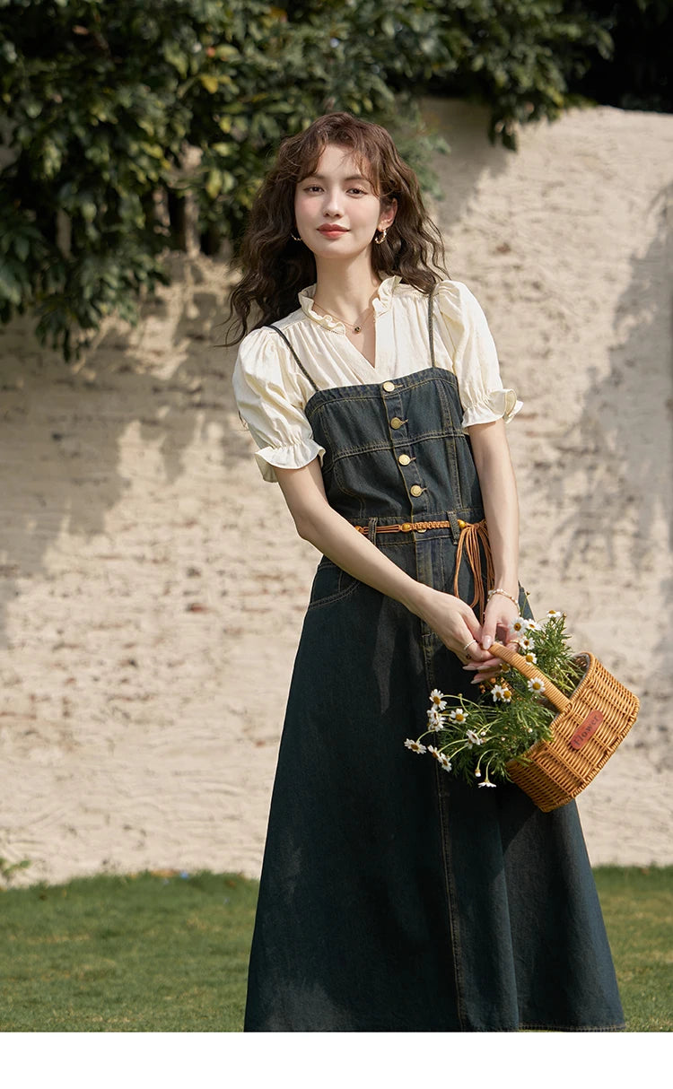 MISHOW Suspender Denim Dress Paired Blouse Separately 2024 Summer V Neck Puff Sleeve Top Back Elastic Waist Dress MXD21L1664