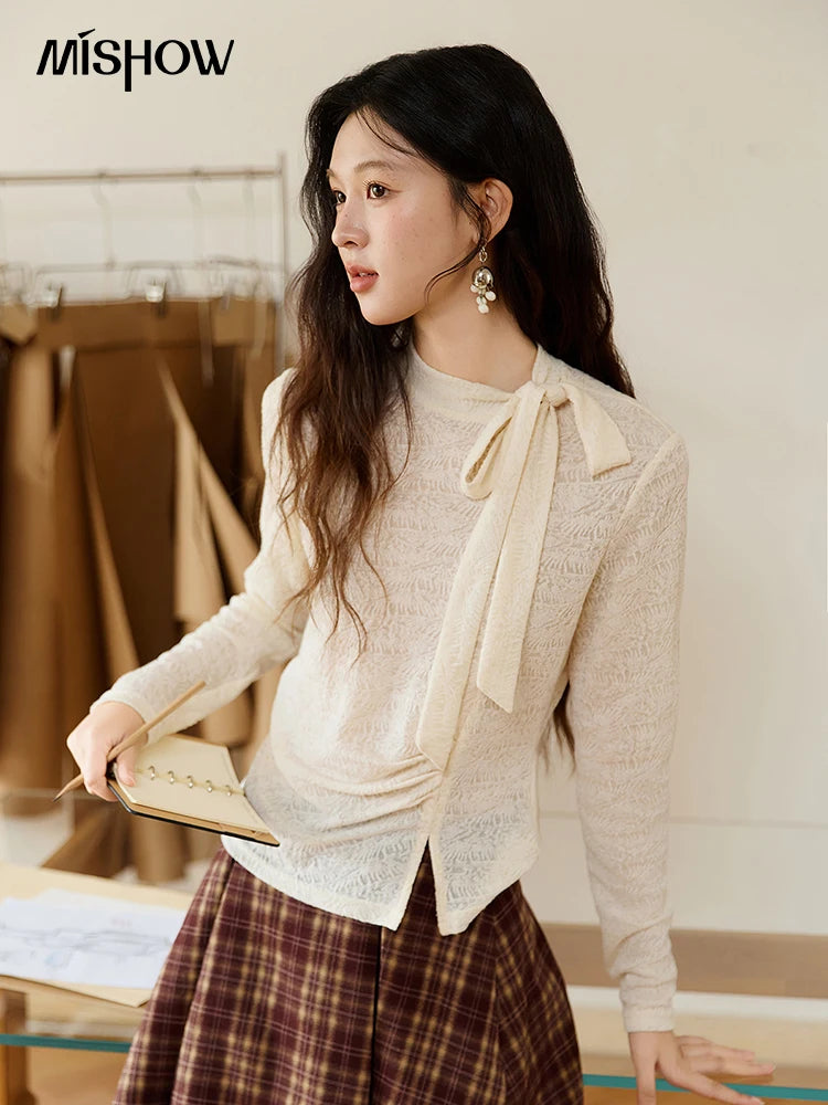 MISHOW Lace Base Tops for Women Autumn 2025 Retro Stand Neck Lace Up Bow Thin Sweater Apricot Waist Knitted Inner Top MXE45Z1382