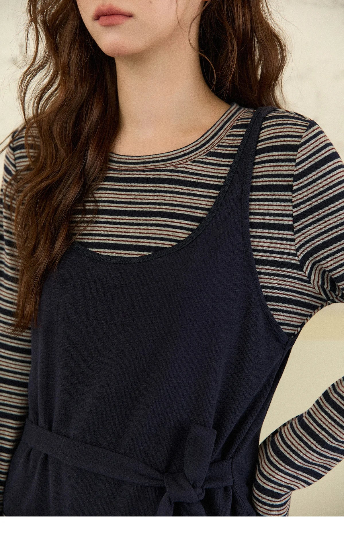 MISHOW Women's Two-Piece Set, 2025 Winter New Retro Casual Round Neck Long Sleeve Striped Top with Tie-Waist Camisole MXE87T1430