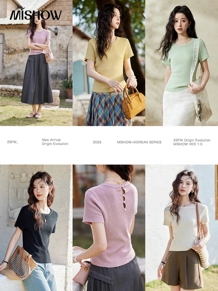 MISHOW Women's Short Sleeved Knitted T-shirt Spring 2025 Korean Minimalist Back Hollowed Out Pearl Buckle Design Tees MXE13Z1072